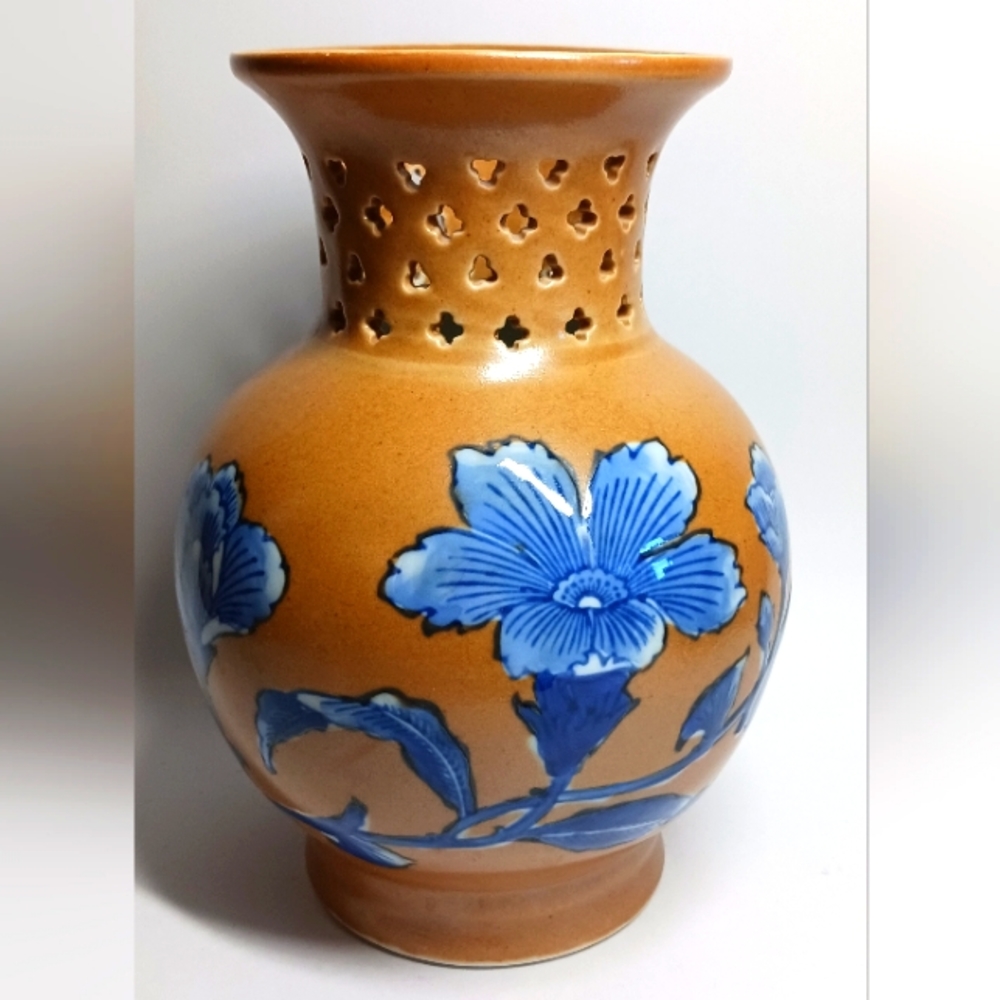 Formalities By Baum Bros Vase Light Brown with Blue Flowers